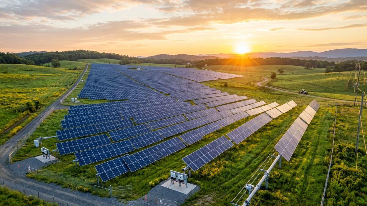 Utility scale ground mount solar installation with single axis trackers tilting toward sunlight