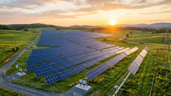 Utility scale ground mount solar installation with single axis trackers tilting toward sunlight