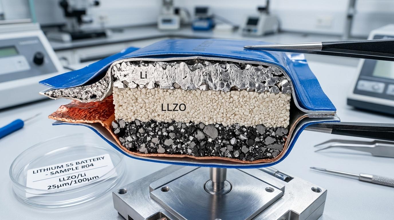 Laboratory cross-section macro shot of solid-state lithium battery cell showing ceramic solid electrolyte layer