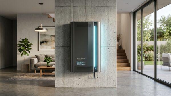 Futuristic residential solid-state battery energy storage unit mounted on architectural wall