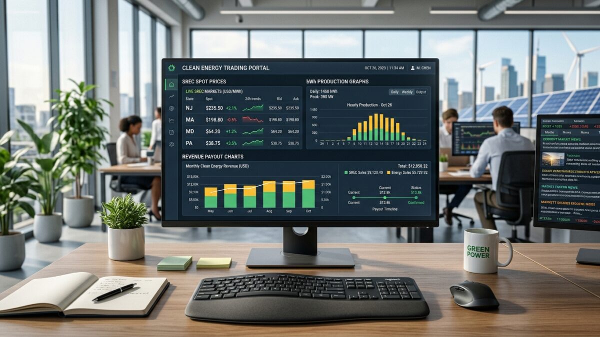 Financial clean energy portal showing SREC Solar Renewable Energy Certificate spot prices and payout metrics