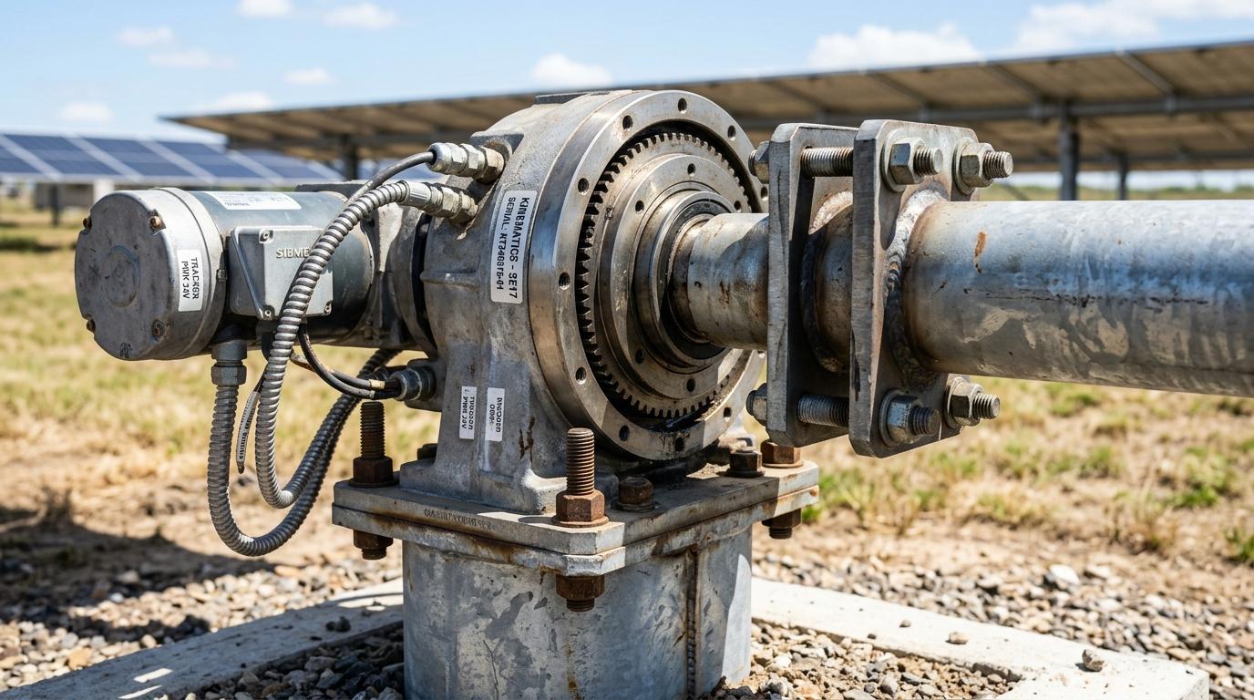 Close up macro shot of solar tracker motorized slew drive gearbox and steel torque tube connection