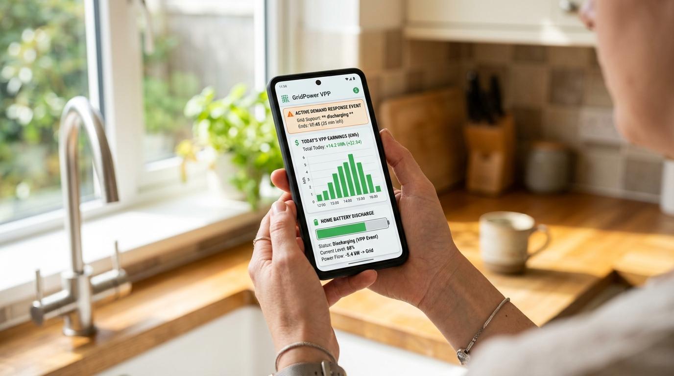 Homeowner holding smartphone displaying active Virtual Power Plant demand response event and cash earnings