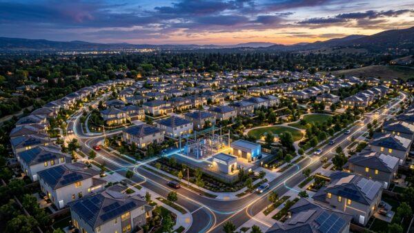 Aerial twilight view of suburban neighborhood with interconnected residential solar battery network